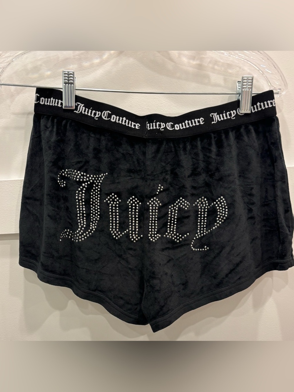 Juicy Couture Pink Satin Label Pajama Hot Pants Black Velour Sleepwear Sequined
